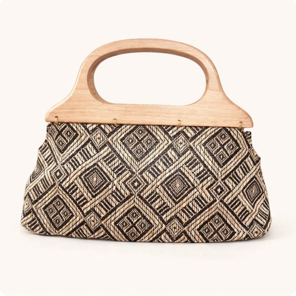 Vintage Straw Bag | Boho Western Woven Clutch | Sculpted Wooden Handles
